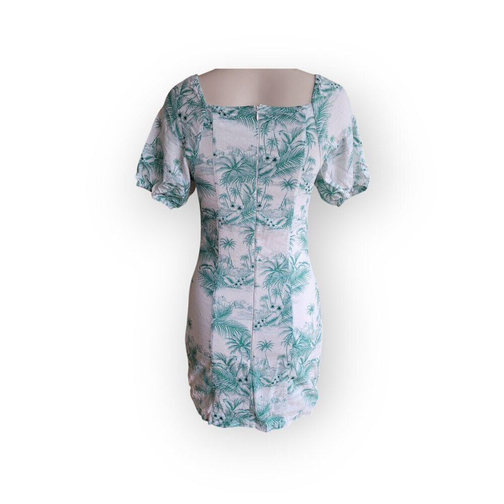 Linen Lux XS Teal Palm Print Linen Blend Mini Dress Square Neck Puff Sleeve Cute - Picture 8 of 14